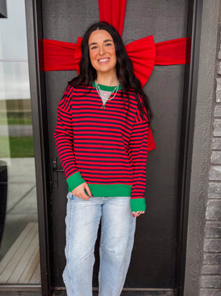 Heidi Striped Pullover-Red/Green