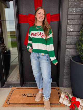 Merry Color Block Sweater-Green/White