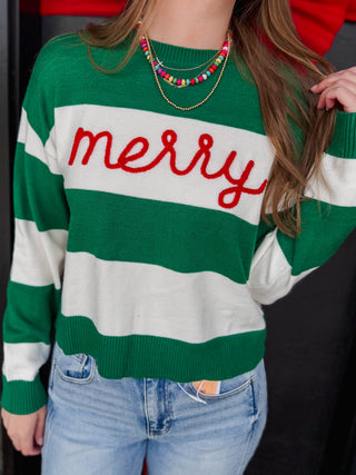 Merry Color Block Sweater-Green/White