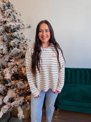 Alaina Striped Sweater-Taupe