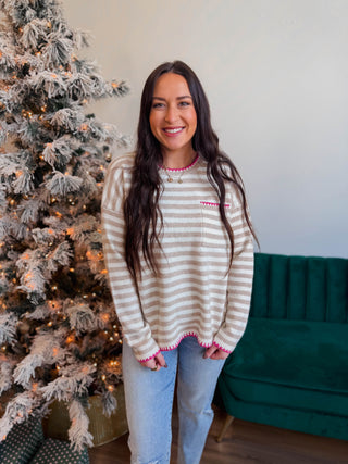 Alaina Striped Sweater-Taupe
