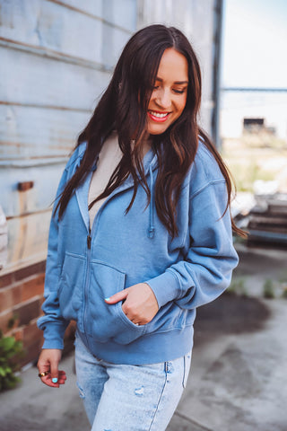 Allie Zip Up Hoodie-Grey Blue