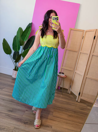 Lena Striped Midi Dress-Kiwi Green