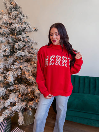 Merry Embroidered Mock Neck Sweatshirt
