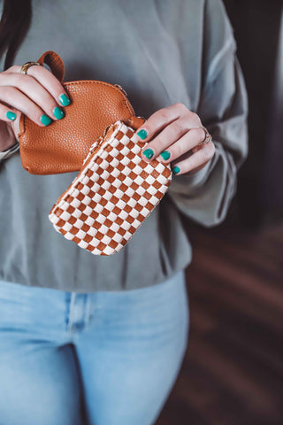 Wonderlust Woven Dual Pouch Wristlet-Brown Checkered