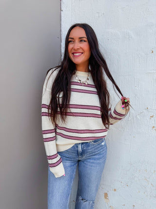 Mariah Striped Sweater-Oatmeal/Rose