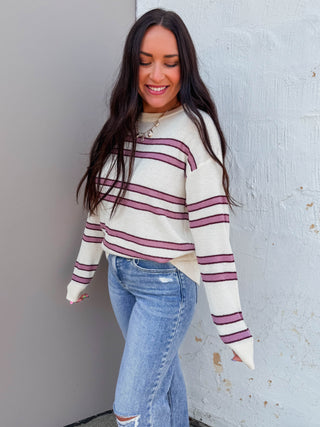 Mariah Striped Sweater-Oatmeal/Rose