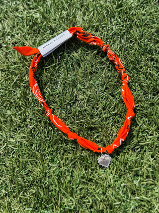 Nickel & Suede - Orange Bandana Necklace-Silver Sunburst Heart Charm