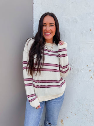 Mariah Striped Sweater-Oatmeal/Rose