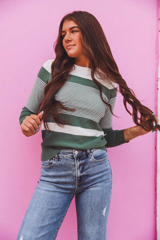 Avery Striped Sweater-Dark Sage