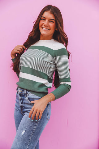 Avery Striped Sweater-Dark Sage