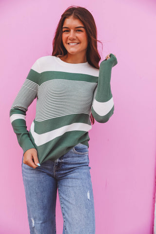 Avery Striped Sweater-Dark Sage