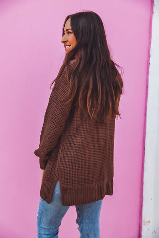 Mila Waffle Knit Cardigan-Brown