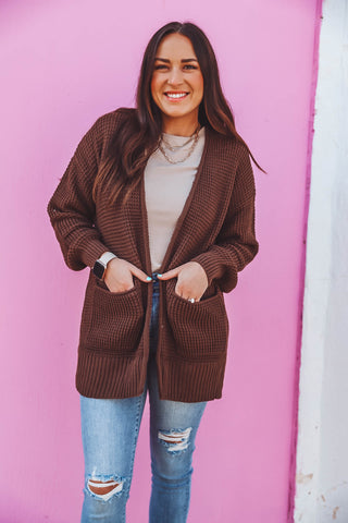 Mila Waffle Knit Cardigan-Brown