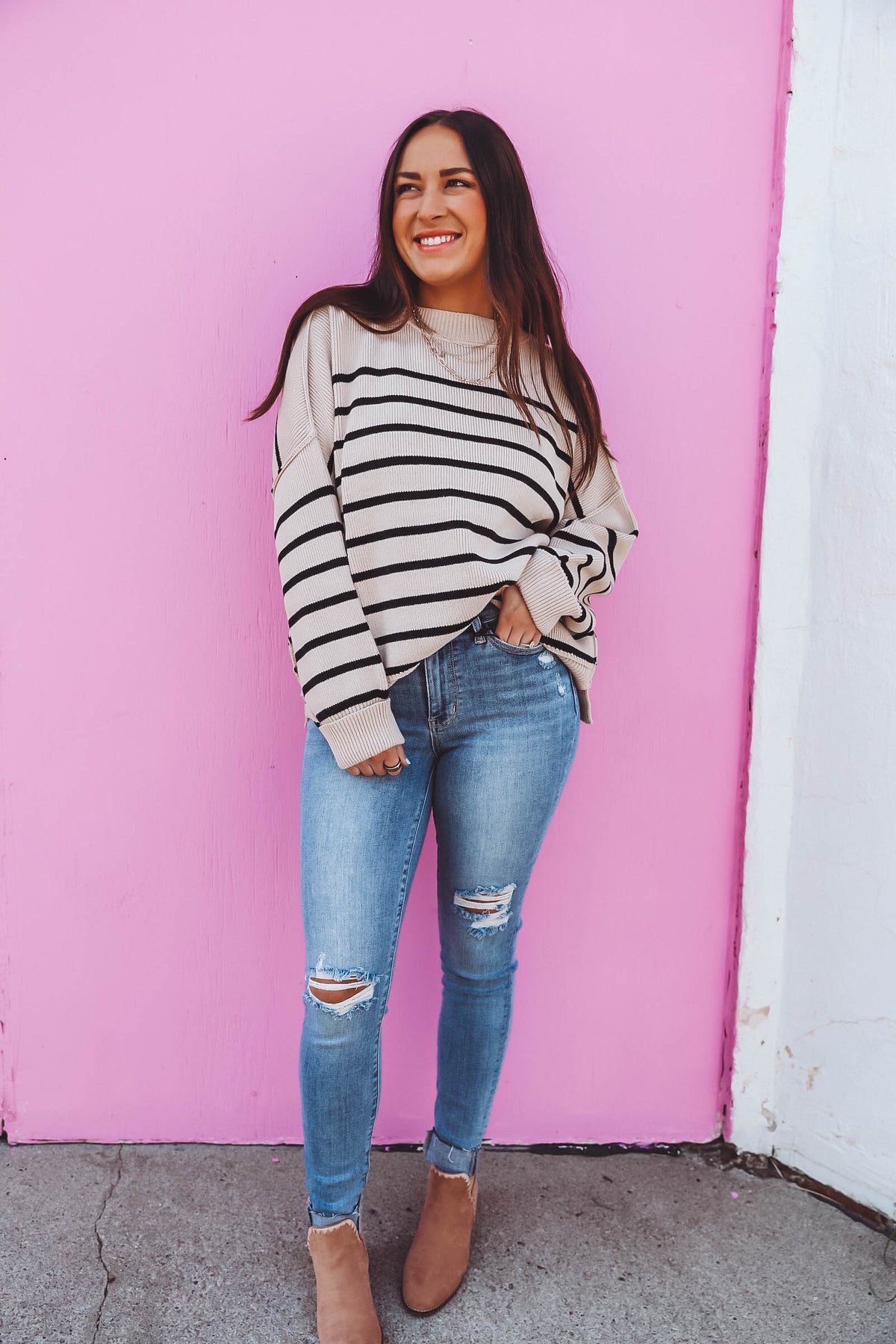 Everly Striped Sweater-Taupe/Black