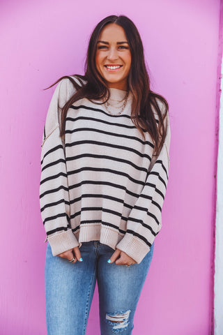 Everly Striped Sweater-Taupe/Black