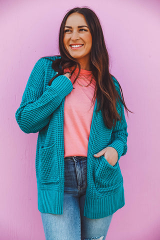 Mila Waffle Knit Cardigan-Lt. Teal