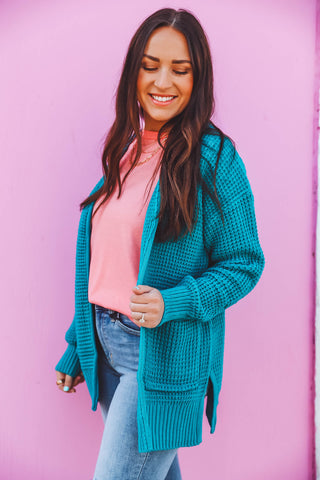 Mila Waffle Knit Cardigan-Lt. Teal