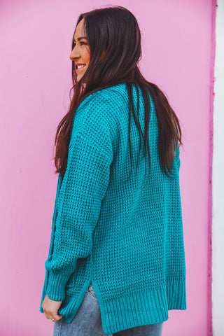 Mila Waffle Knit Cardigan-Lt. Teal