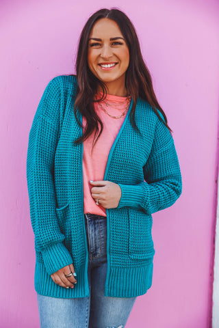 Mila Waffle Knit Cardigan-Lt. Teal