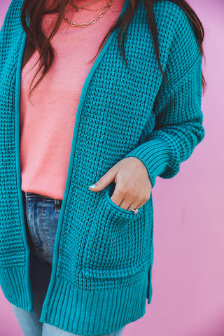 Mila Waffle Knit Cardigan-Lt. Teal