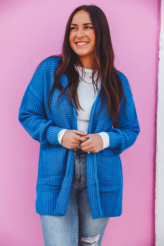 Mila Waffle Knit Cardigan-Ocean Blue