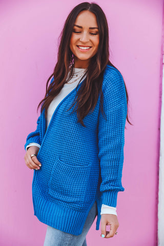 Mila Waffle Knit Cardigan-Ocean Blue