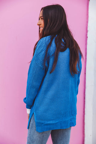 Mila Waffle Knit Cardigan-Ocean Blue