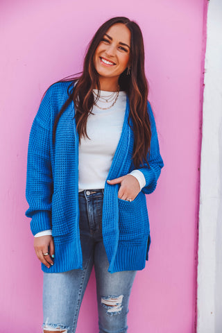 Mila Waffle Knit Cardigan-Ocean Blue