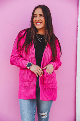 Mila Waffle Knit Cardigan-Hot Pink