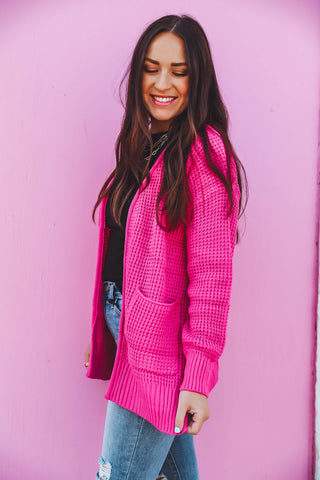 Mila Waffle Knit Cardigan-Hot Pink