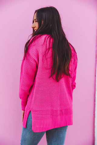 Mila Waffle Knit Cardigan-Hot Pink