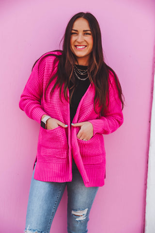 Mila Waffle Knit Cardigan-Hot Pink