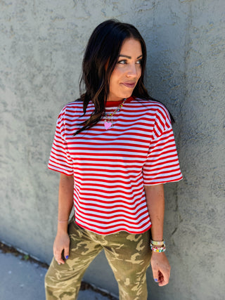 Kasey Striped Tee-Red