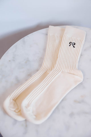 Bow Embroidered Socks-Beige