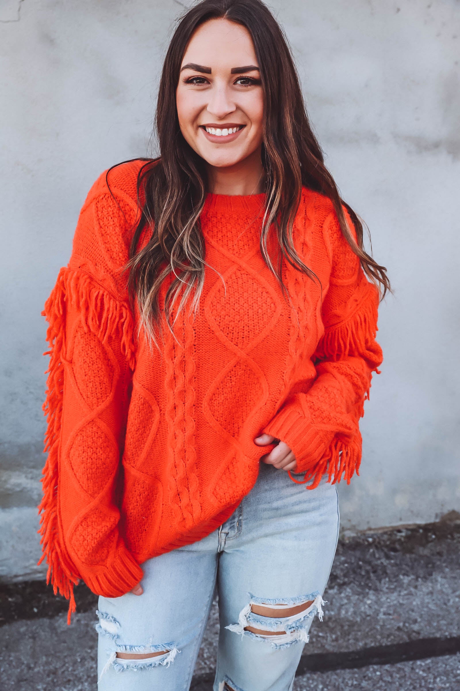 Cable knit shop fringe sweater