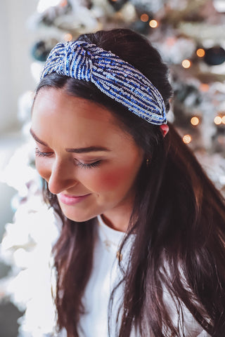 Sequin Knot Headband-Blue/White