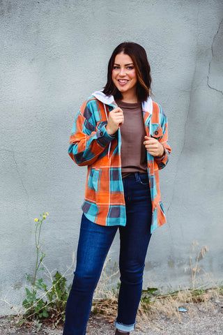 Hudson Plaid Shacket-Teal/Orange