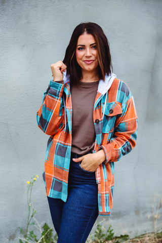 Hudson Plaid Shacket-Teal/Orange