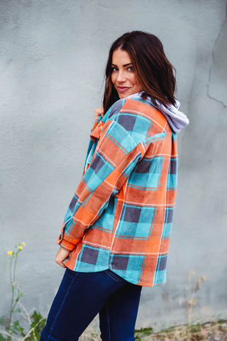 Hudson Plaid Shacket-Teal/Orange