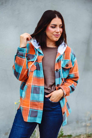 Hudson Plaid Shacket-Teal/Orange