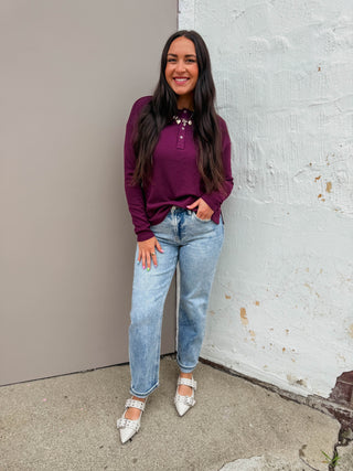 Mikenzie Knit Henley Top-Plum