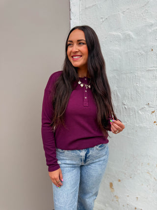 Mikenzie Knit Henley Top-Plum