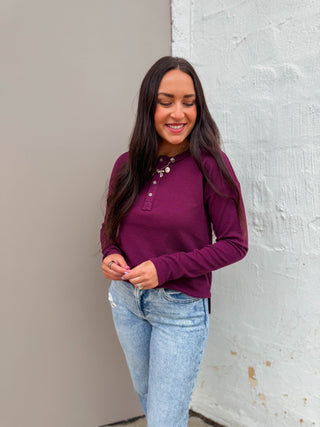 Mikenzie Knit Henley Top-Plum