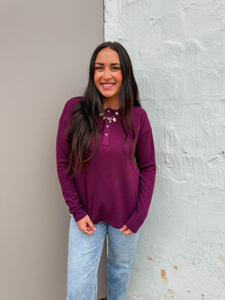 Mikenzie Knit Henley Top-Plum