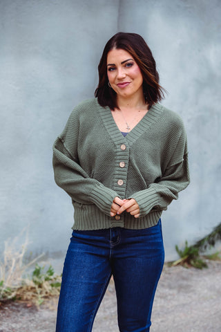 Cassi Waffle Knit Cardigan-Olive