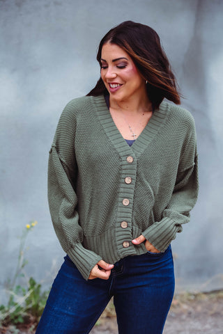 Cassi Waffle Knit Cardigan-Olive