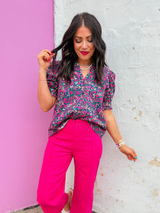 Lydia Floral Top-Navy