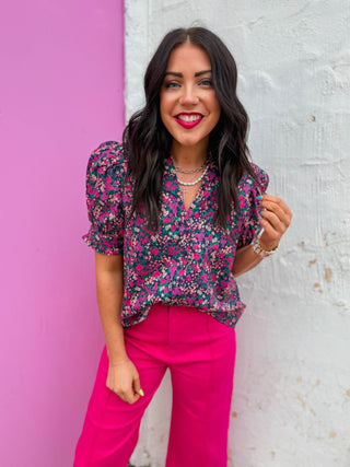 Lydia Floral Top-Navy