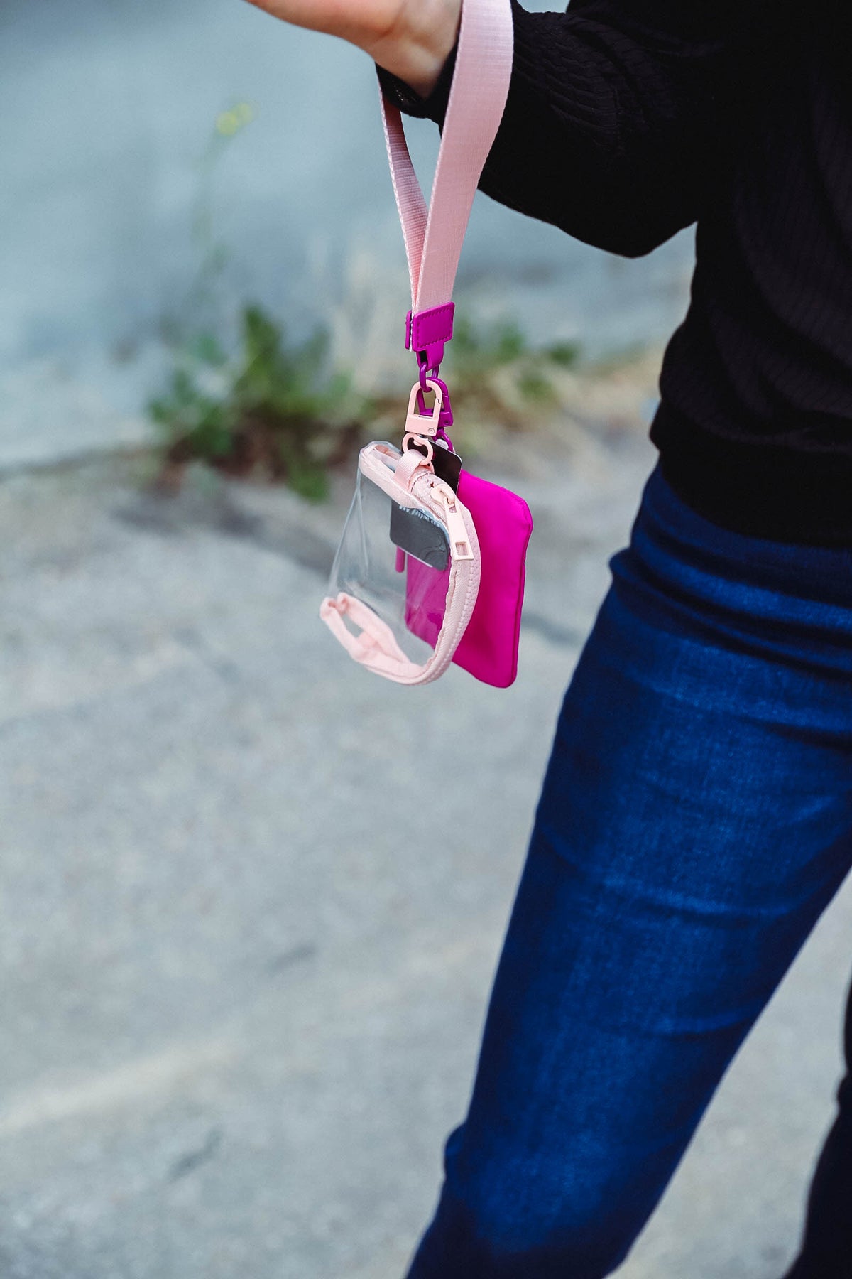 Dual Pouch Wristlet Wallet-Magenta/Clear